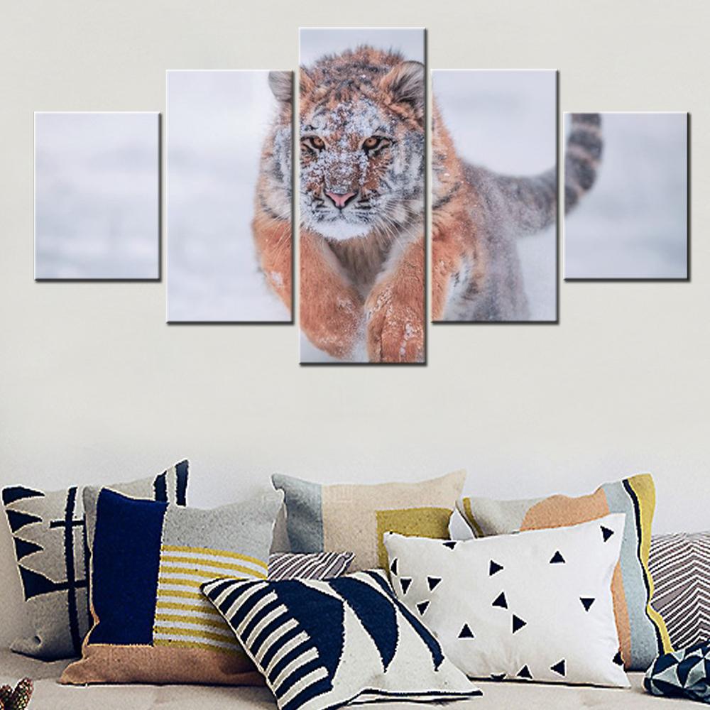 5 Pieces Canvas Wall Arts Animals Poster And Picture Painting Siberian Tiger Snow Winter Wallpaper Home Decor Living Room Mural No Frame