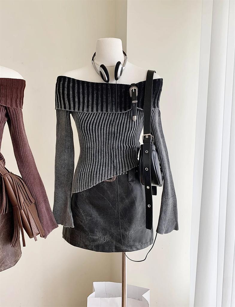 Mode Einfache Klassische Gestrickte Pullover Slash Neck Off Schulter Langarm Pullover Flare Hülse Herbst Winter Y2K Streetwear