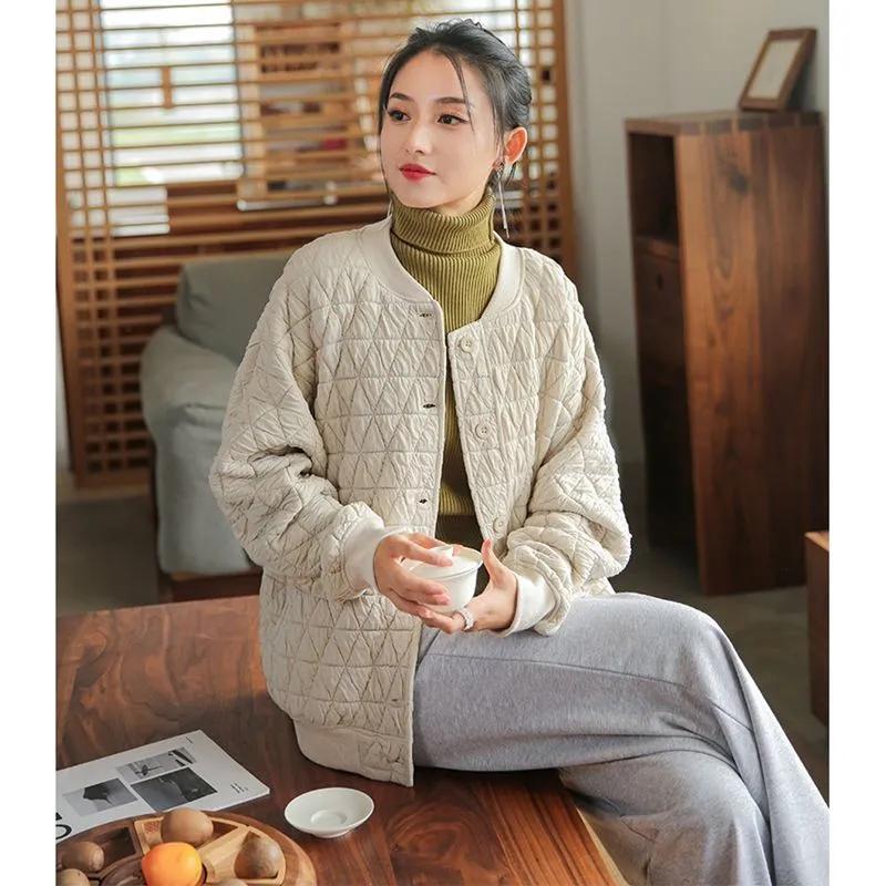 

Women s Autumn Solid-Color Oversized Vintage Literary Jacket Diamond-Pattern Buttoned Casual Jacket S бежевый