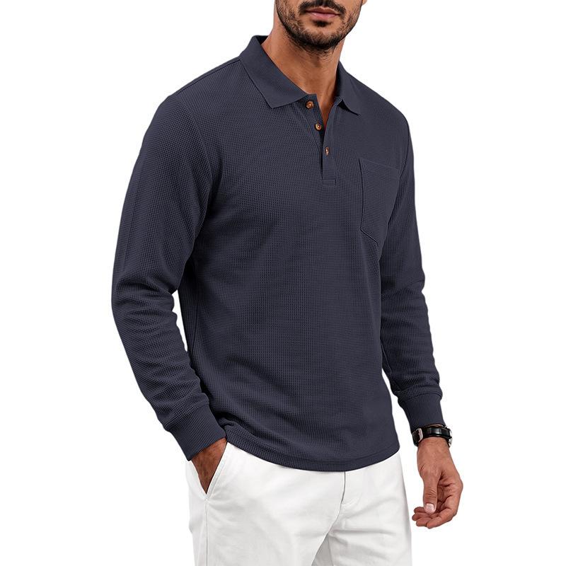 Men S Waffle Knit Long Sleeve Polo Shirt Casual Autumn