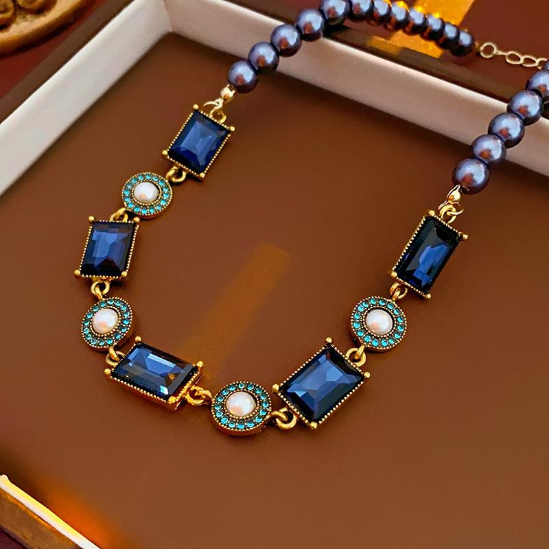 Blue Rhinestone Square Simulation Pearl Necklace for Women Vintage Collarbone Chain Sparkle Jewelry Sets