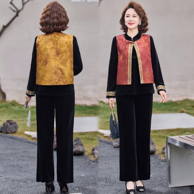 

Women s Spring 2026 Gold Velvet Vest and Suit Set for Middle-Aged and Elderly - Stylish Chinese Design XL [90-105 lbs]