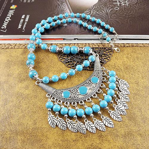 Bohemian Etnický Styl Přírodní Kámen Tyrkysy Náhrdelník Slitinový Přívěsek Kovový Peříček Střapec Náhrdelník Zirkonové Doplňky Ženský