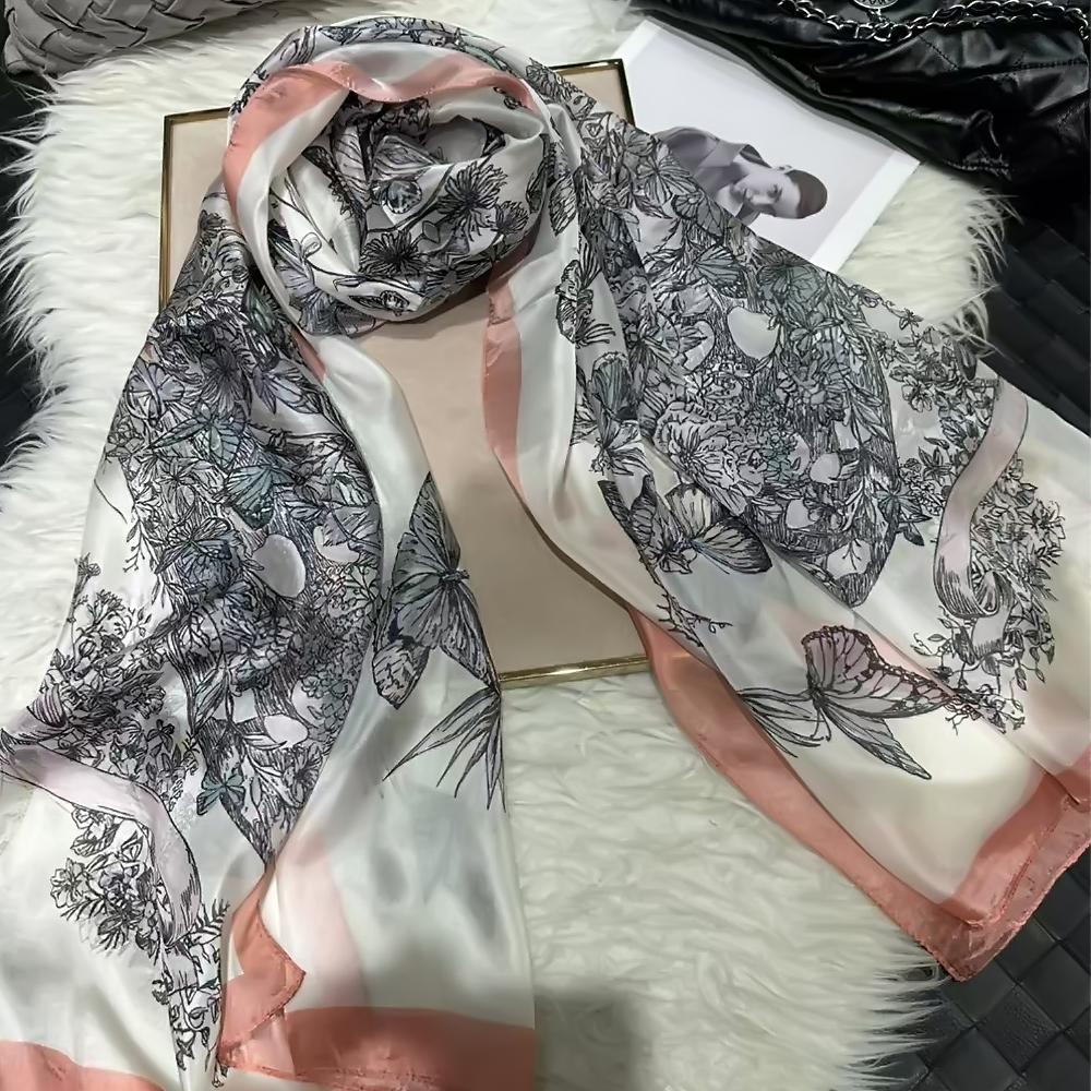 Bysifa|Beige Blue Silk Scarf Shawl Women Floral Print Scarf Cape Fall Winter 100% Mulberry Silk Long Scarves Summer Beach Shawls