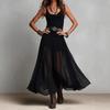 2026 New European and American Style Black Mesh Long Dress with Spaghetti Straps Vintage Pleated Design Elegant Gown Dress