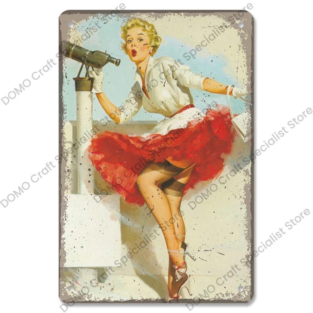 Metallplatta för flickor i interiör från Pinup-postern