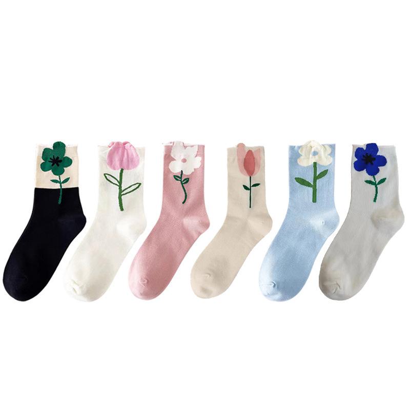 6 Pairs Women Socks Flower Japanese Korean Style Mid Tube Socks Floral Candy Vintage Novelty Casual Breathable Kawaii Cute Socks