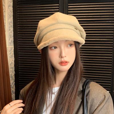 New Autumn and Winter Thickened Plush Edge Duck Tongue Beret British Fashion Warm Plush Hat Versatile Octagonal Hat for Women