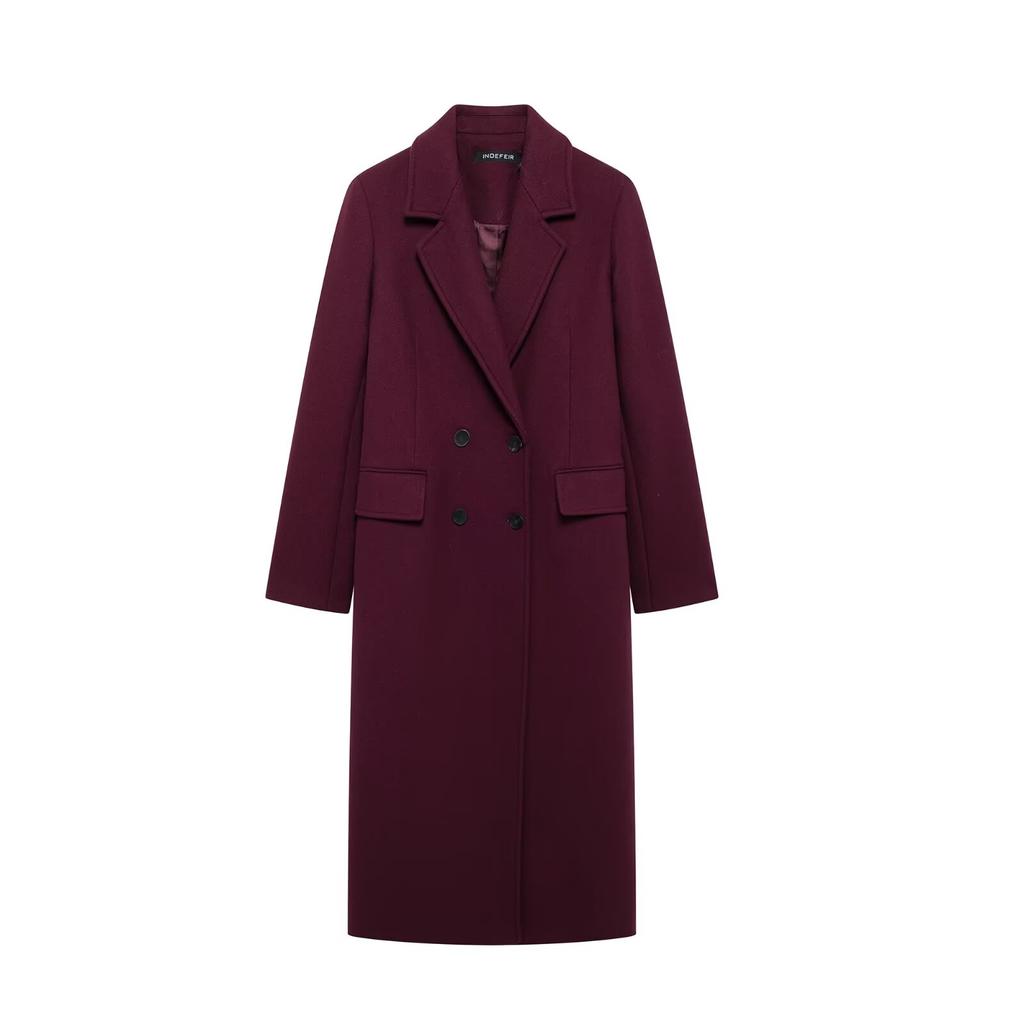 Women Fashion Burgundy Woolen Coat Double Breasted Long Sleeve Lapel Blends Jacket Autumn Winter High Street Outerwear