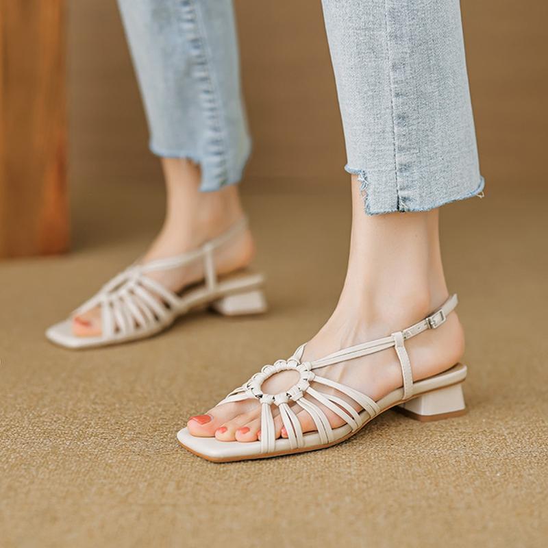 Fashion NEW Summer Women Sandals Square Toe Chunky Heel Shoes Split Leather Shoes for Women Narrow Band Buckle Strap Modern Sandals