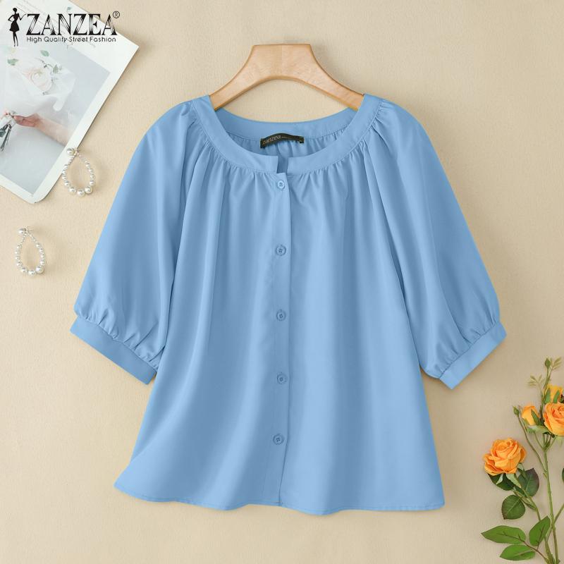 ZANZEA Women Casual Round Neck Loose Summer Short Sleeve Blouse