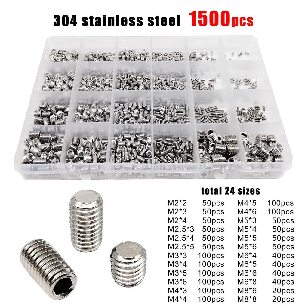 500/1500 M2 M2.5 M3 M4 M5 M6 M8 DIN913 304 Stainless Steel Black Hex Hexagon Socket Allen Flat Point Grub Bolt Set Screw Kit Box
