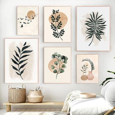 Bohemian Plant Leaf Plakát Sluneční ptáci Tisk Abstraktní nástěnná malba Obrazy na stěnu Obrazy do obývacího pokoje Moderní domácí dekorace