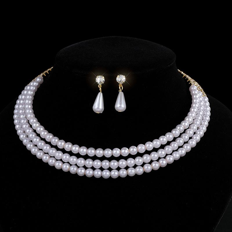 Bridal Pearl Full Diamond Necklace Necklace Diamond Imitation Pearl Bracelet Earrings Necklace Set Women