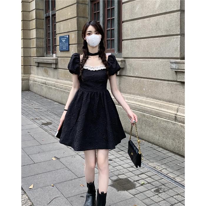 2026 Sweet & Spicy Square Neck Dress: Women s Summer Short Sleeve with Slimming Bow & Subtle Open Back. M чёрный