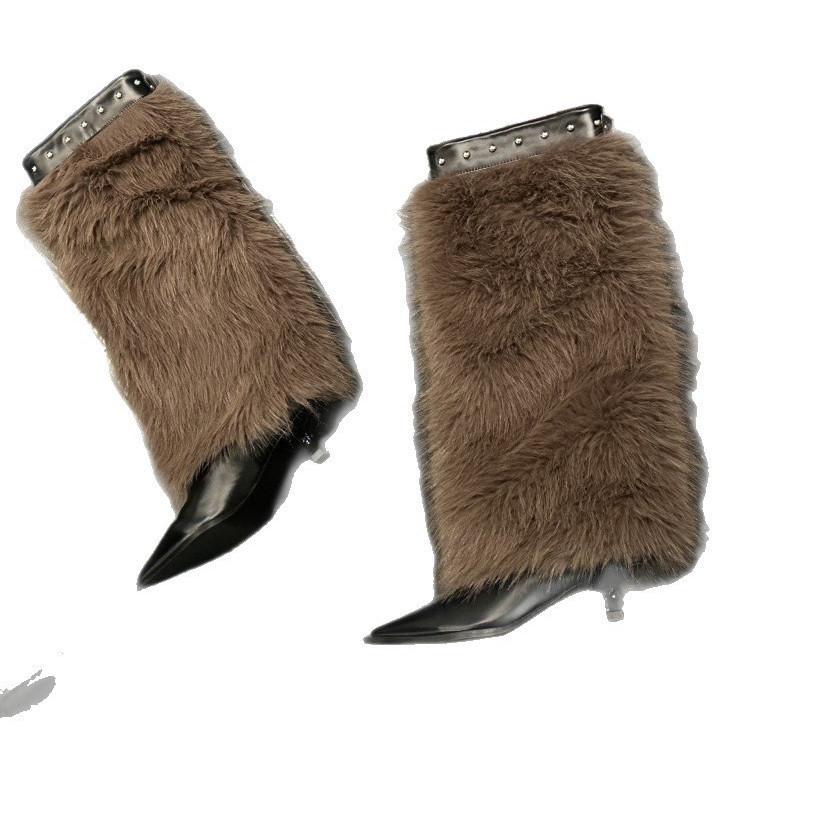 Women's Winter Imitation Fur Fox Fur Boots Belt Punk European and American Tall Tube 40 Long Tube Snow Boots Shoes