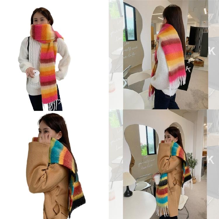 Adult Women Warm Scarf Thicken Rainbow Long Scarf Soft CashmereFeel Shawl Scarf