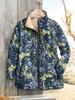 Women's Tropical Leaf Print Quilted Jacket Stand Collar Button Down Contrast Trim Casual Coat