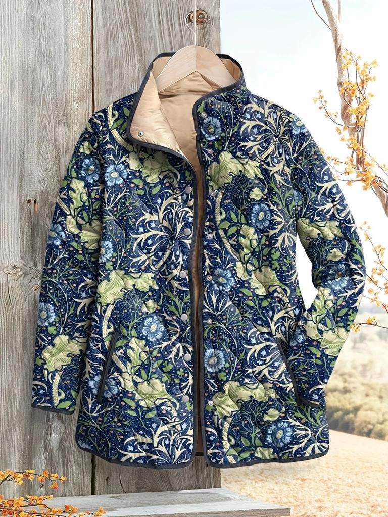 Women's Tropical Leaf Print Quilted Jacket Stand Collar Button Down Contrast Trim Casual Coat