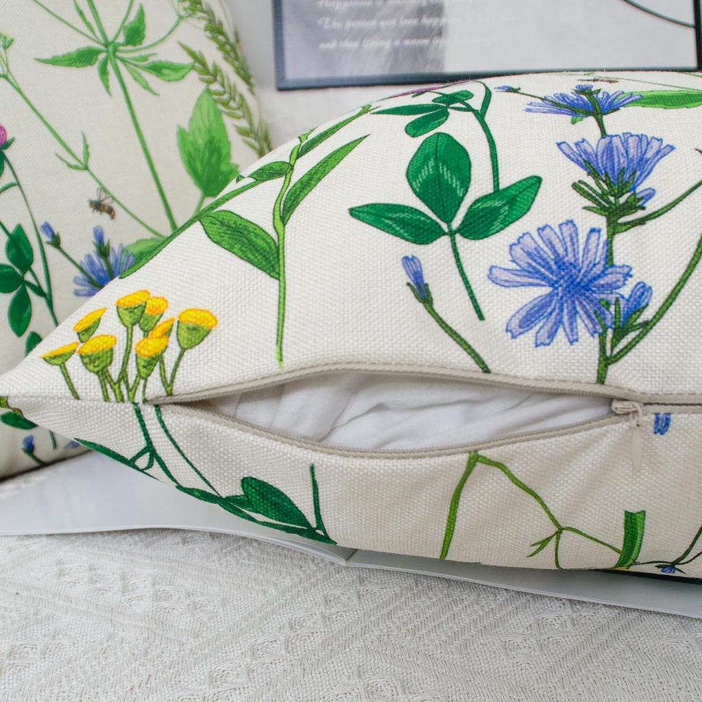 2 Pack White Wildflower Pillow Covers Double Sided Print Butterfly Bee Botanical Cushion Cases Home Decor