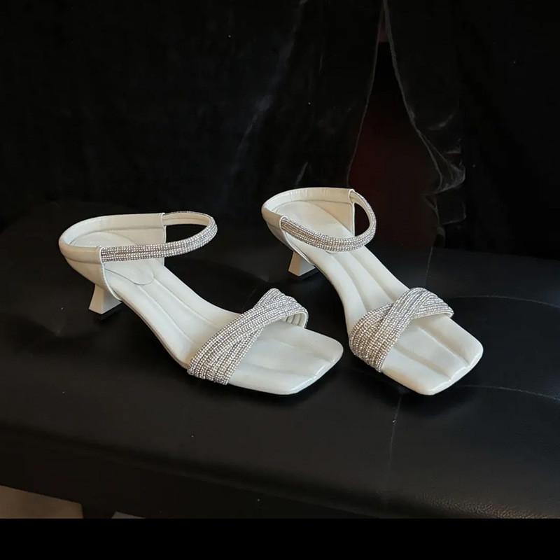 

Fashion Ins style Bling Bling Rhinestones Narrow band Women Sandals Fashion Square toe Slingbacks High heels Mules Slides Summer Shoes 35