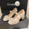 Pearl Wedding Shoes with Thick Heels for Women's 2025 Spring and Summer New French Mary Jane Medium Heels for Women