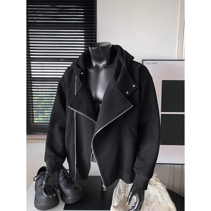 Men's Heavyweight Hooded Sweatshirt with Diagonal Zipper - Short, Boxy Fit