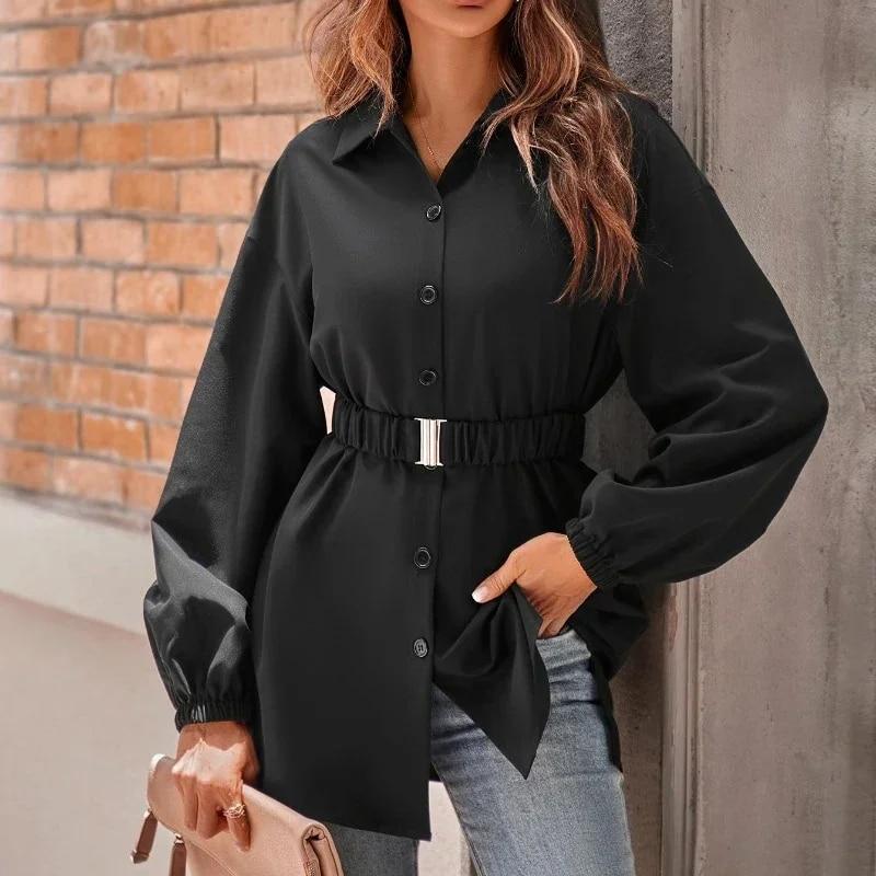 

Модная офисная женская блузка, осенне-зимняя женская одежда, повседневная однотонная однобортная рубашка с отложным воротником, Blusas 30327 L коричневый