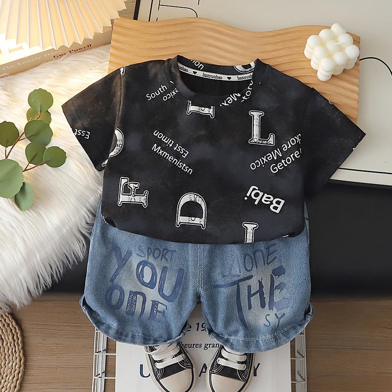 Boys' short sleeved set summer Children's round neck printed T-shirt+casual denim shorts Boys' high-quality clothes