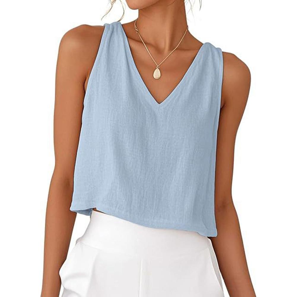 

Women Solid Color V-neck Casual Cotton and Linen Cropped Vest Sleeveless Shirt M