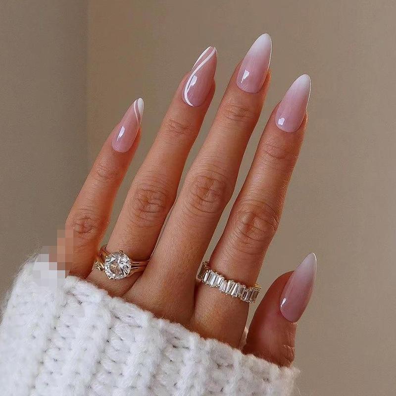 24 Pcs Almond Press On Nails Ballerina Colorful Ribbon Design Fake Nails With Glue Removable Nail Art Tips