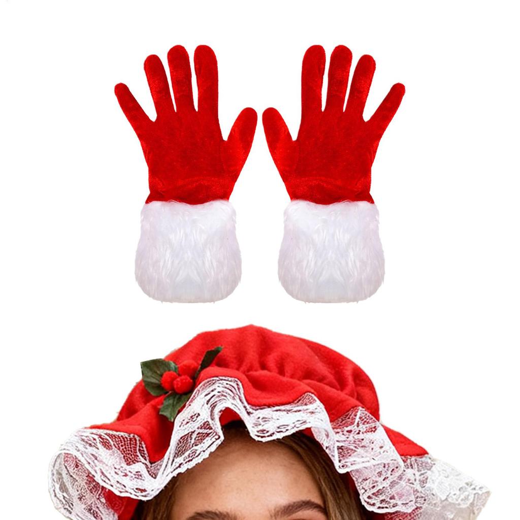 Mrs Claus Costume Hat and Gloves Set Red White Christmas Role Play Dress Up Accessories Gift for Women Girls Kids Party Photo