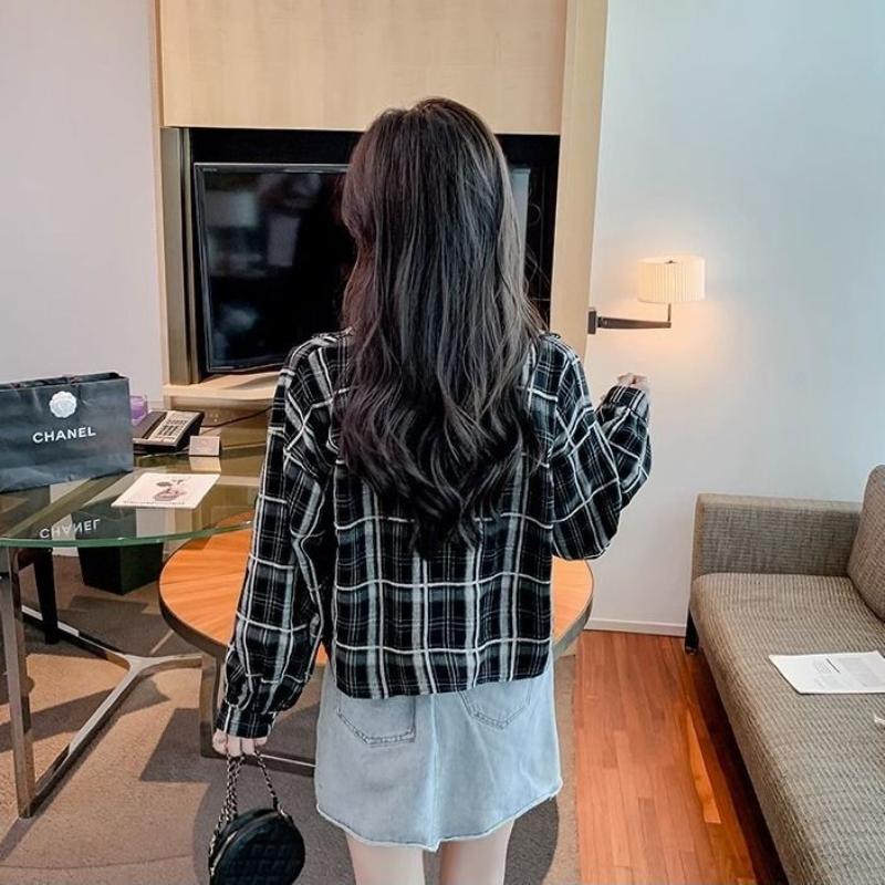 Button Pocket Cardigan Lapel Jacket Retro Plaid Shirt Versatile Fashion Casual Long Sleeve Top