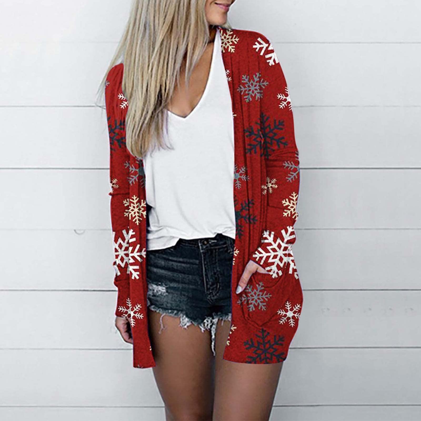 

Женская мода, свободный повседневный карманный кардиган с рождественским принтом, куртки, топы M чёрный
