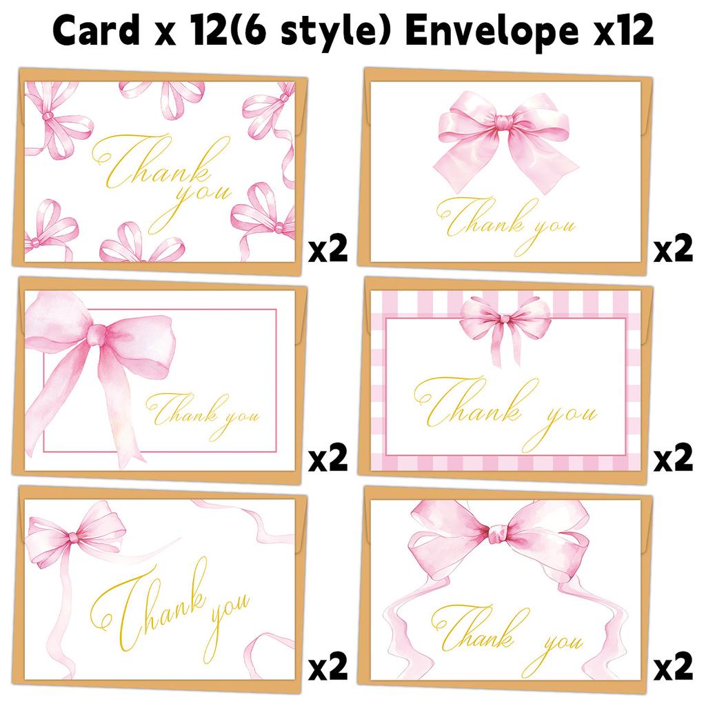 Watercolor Bow Greeting Cards Set with Envelopes, Thank You Notes for Birthday Wedding Blessing Messages, Party Favors