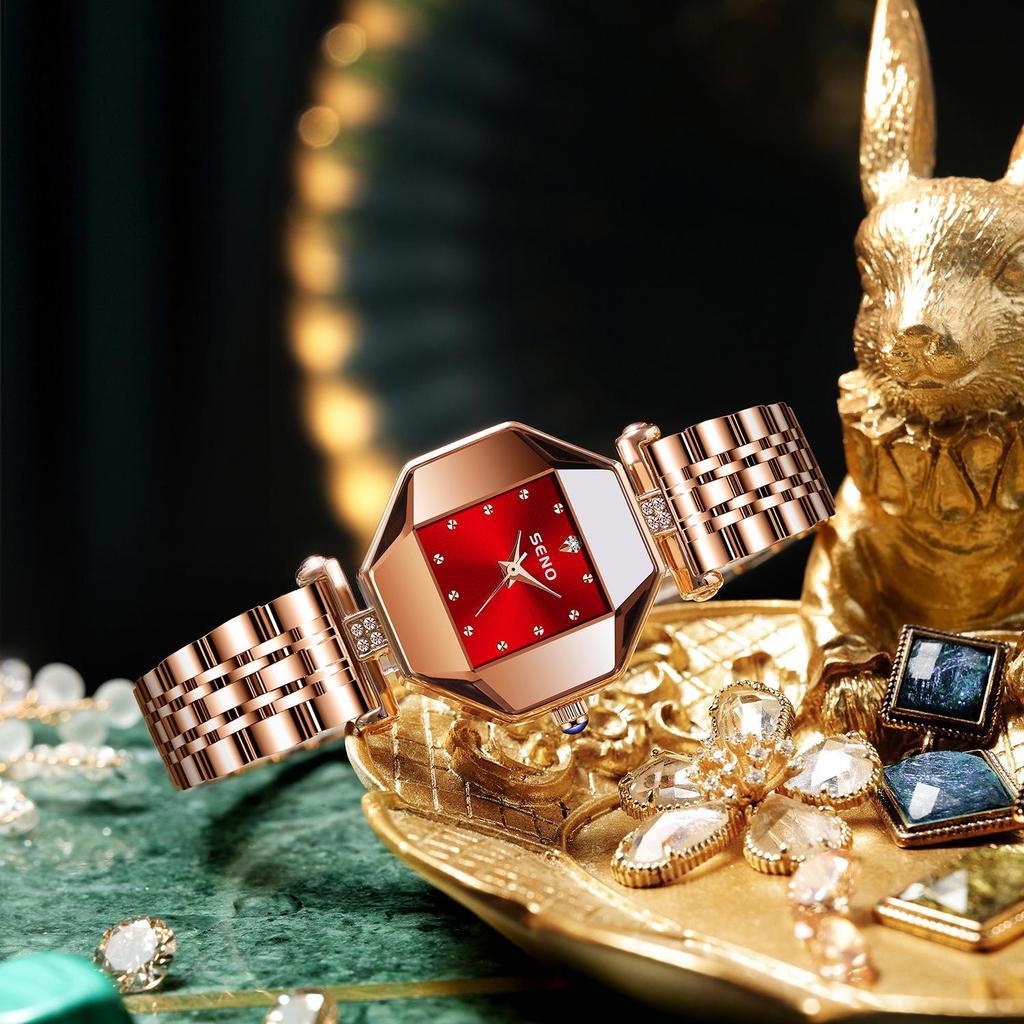 Elegant Women's Steel Band Wristwatch In Pomegranate Red, Champagne Gold & Green