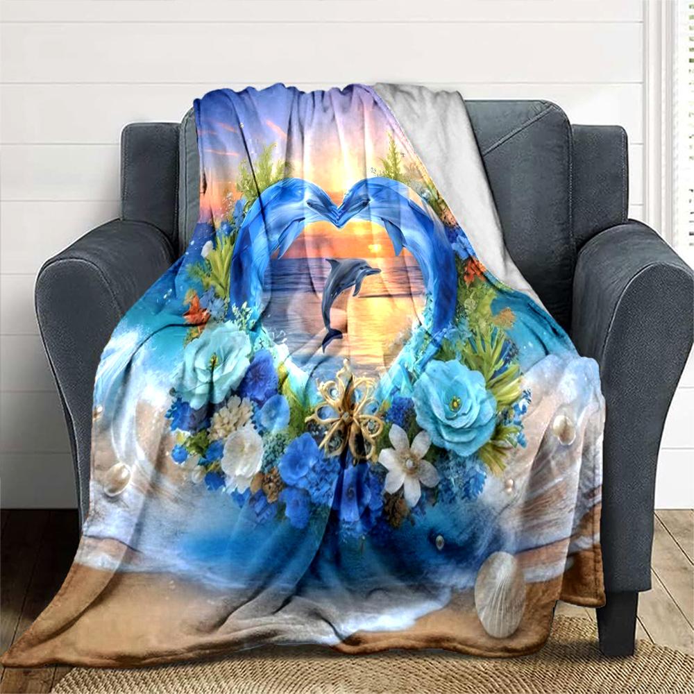 Dolphin Ocean Sunset Print Flannel Throw Blanket, Soft Warm Cozy Blanket for Sofa Bed Couch Home Decoration
