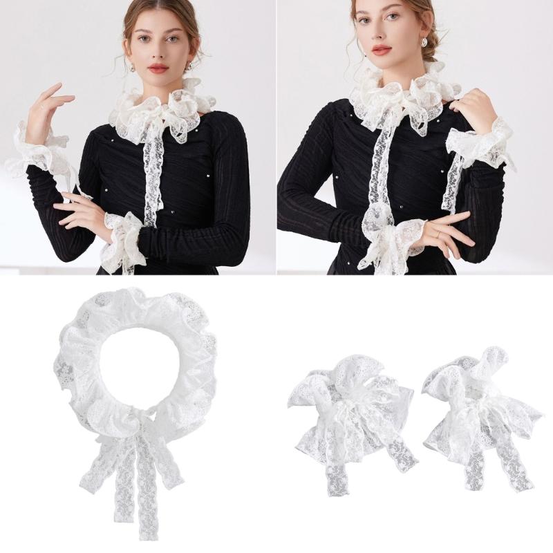 Ruffle Faux Collar Cuffs Sleeves Collar Insert Outfit Enhancer for Office Women Various Occasion Clothing Accessory