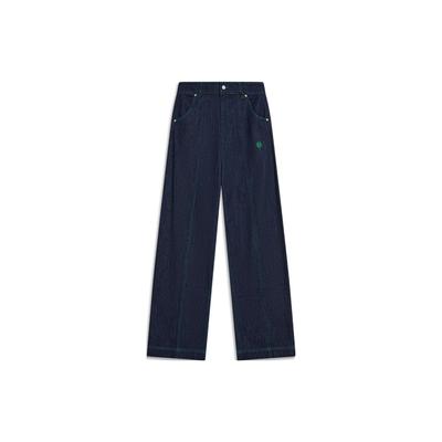 Li Ning Sports Lifestyle Series Solid Color Straight Leg Washed Jeans Women Jeans Dark-Denim-Blue AJQT366-2