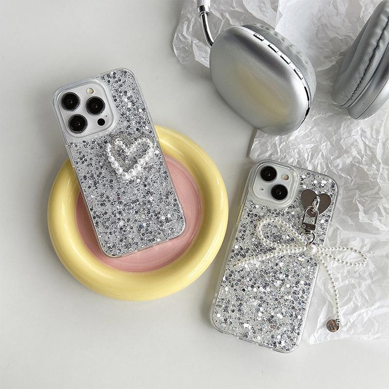 Pearl bow pendant love mobile phone case for Iphone16Promax Epoxy sequins Apple 17 women's models