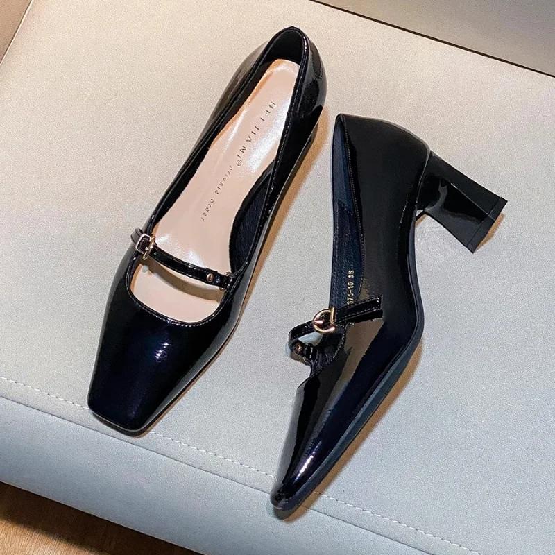 

Модные ретро туфли Мэри Джейн на блочном каблуке с квадратным носком и стразами, французский стиль, лакированная кожа, туфли на среднем каблуке, туфли на высоком каблуке, женская обувь 35 чёрный