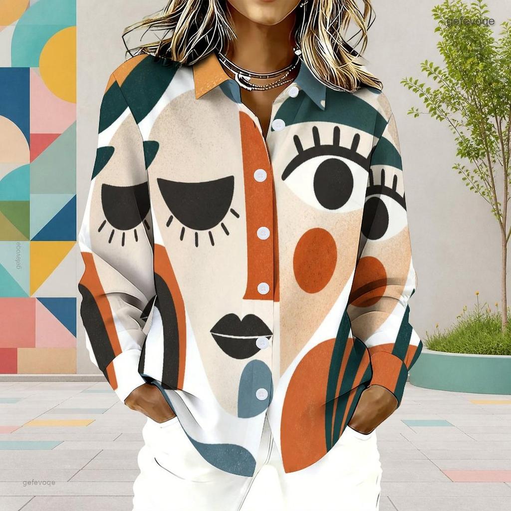 Women Plus Size Collared Long Sleeve Abstract Leaf Printed Button Front Shirt
