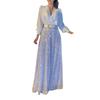 European & American Fashion V-neck Long-Sleeve Shirt with Wide-Leg Sequin Pants and Belt - Elegant Waist-Slimming Design
