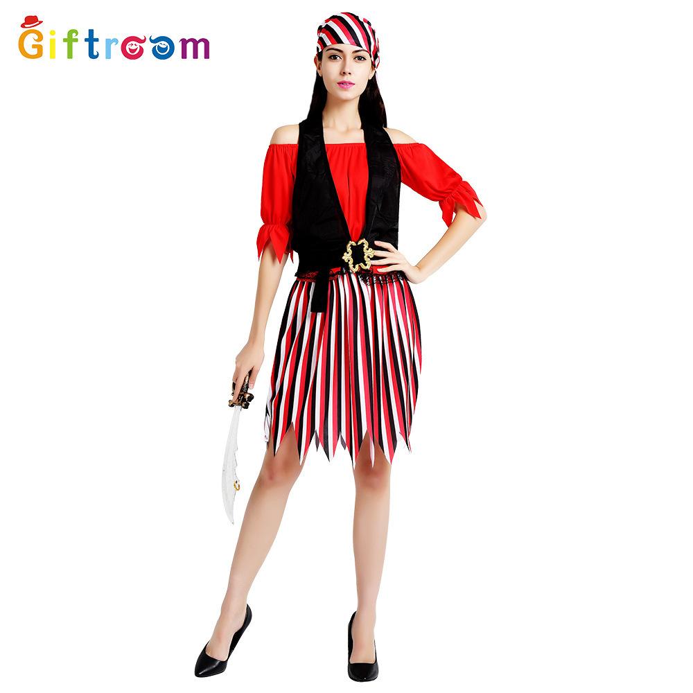 

Потрясающий костюм карибской пиратки для женщин, изготовленный из высококачественного полиэстера, ярко-красного цвета с черным дизайном.