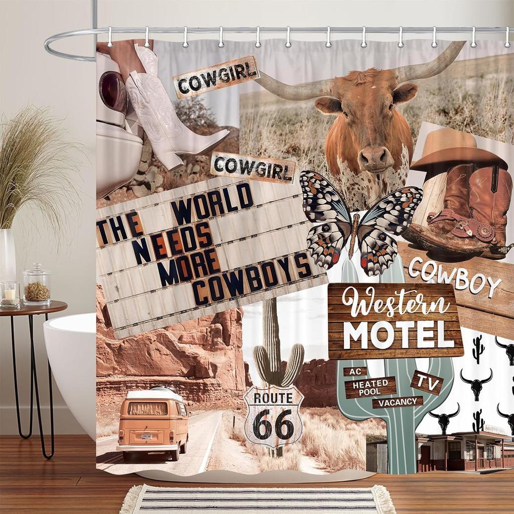 Highland Cow Shower Curtain Rustic Farmhouse Cattle Butterfly Farm Animals Flowers Plants Cowboy Boots Bathroom Decor With Hooks