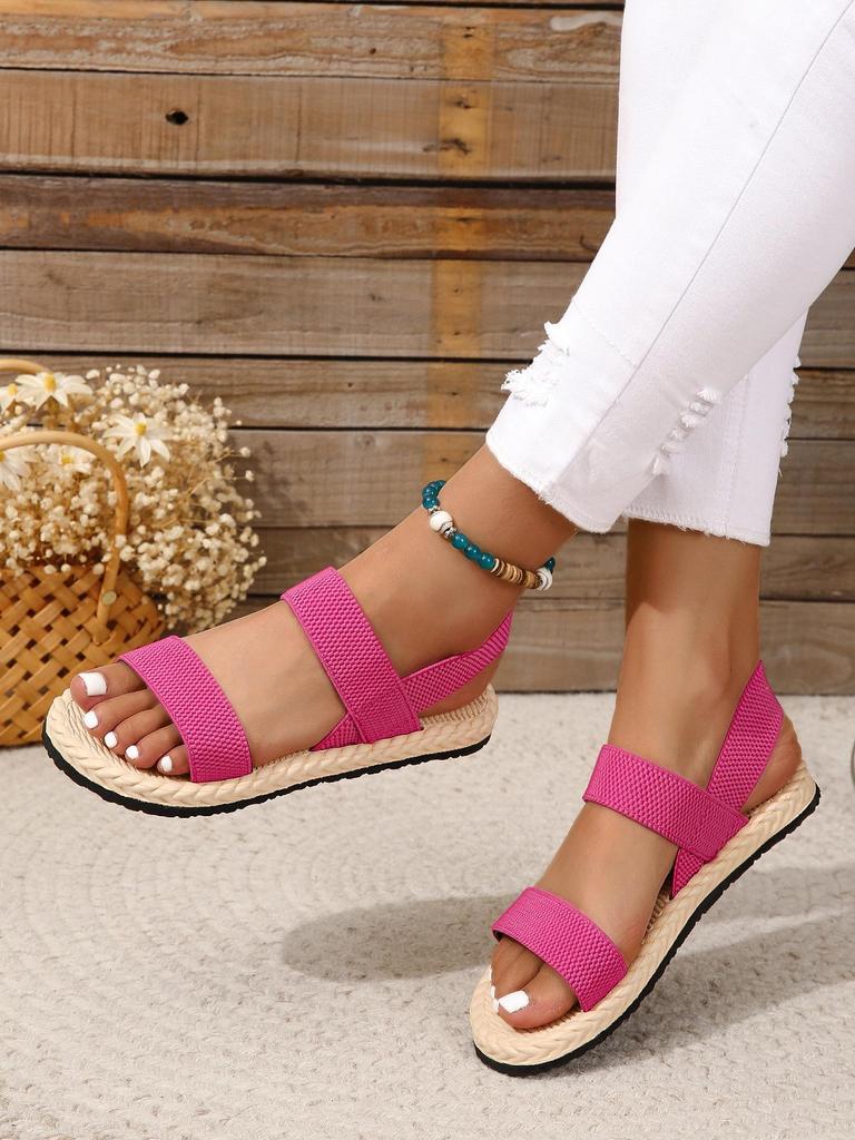Women's Elastic Band Flat Shoes - 2023 Summer Outdoor Roman Sandals, Imitation Straw Linen Design