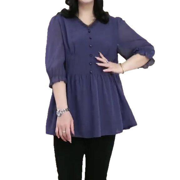 2025 Spring Casual Chiffon A-Line Princess Top - Plus Size Women's Three-Quarter Sleeve Shirt