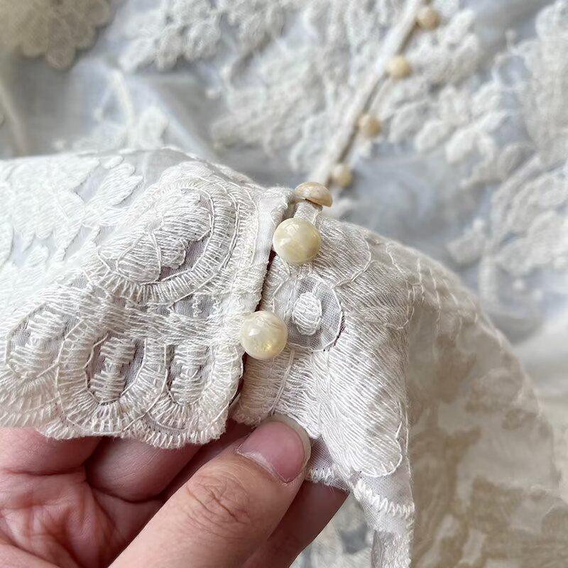 Semi-Transparent Lace Embroidered Women's Round Neck Blouse