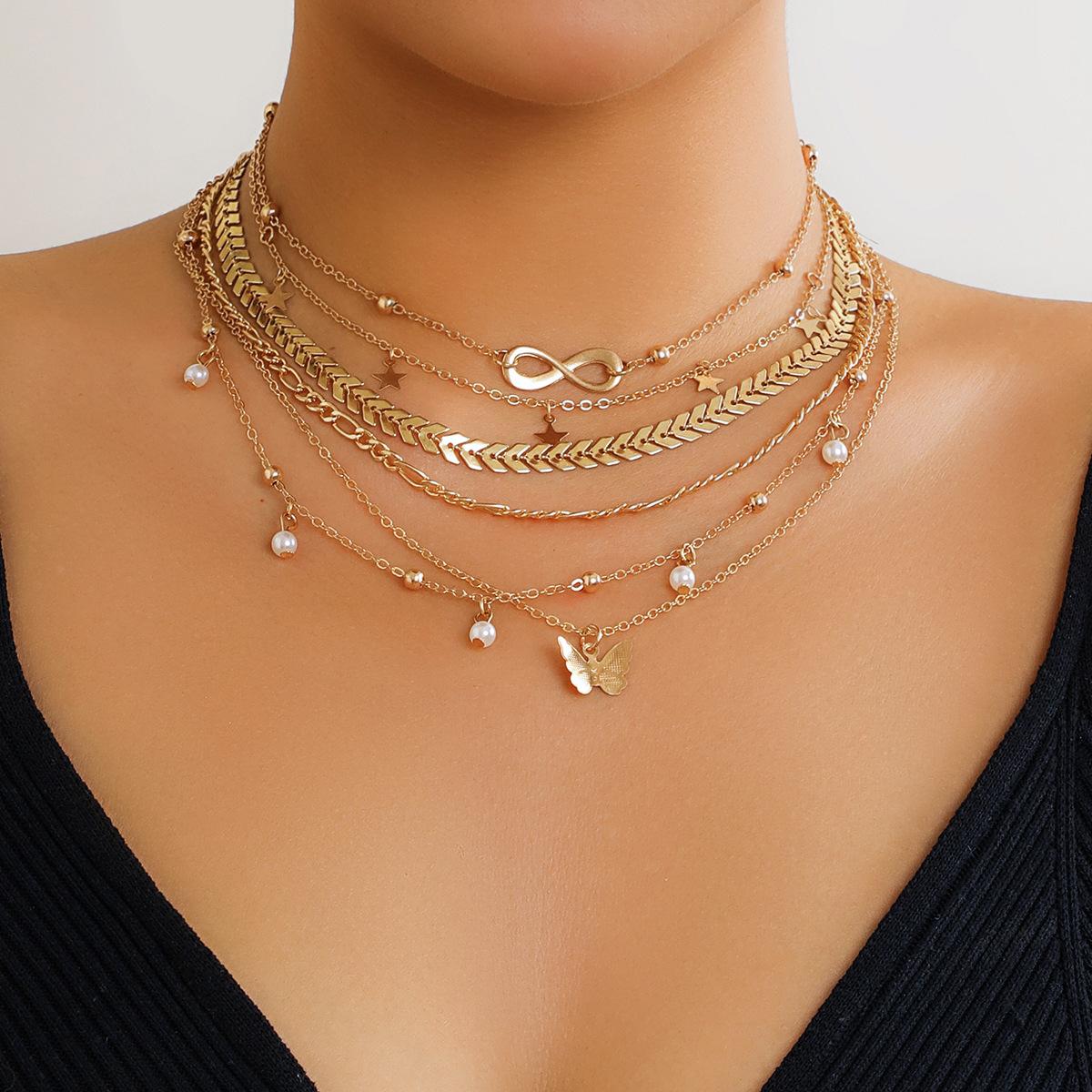 

6Pcs/Set Boho Infinite Symbol Leaf Butterfly Pendant Necklace for Women Vintage Ethnic Imitation Pearl Thin Chain Party Jewelry золотий