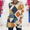 Women Plus Size Blue Pink Geometric Printed Round Neck Long Sleeve Loose Longline T Shirt With Pockets